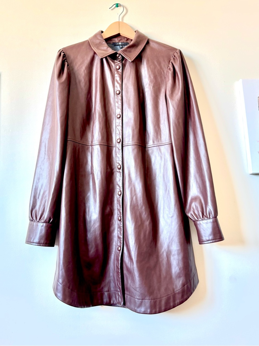 7 For All Mankind Sz L Brown Faux Vegan Leather Puff Sleeve Shirt Dress.